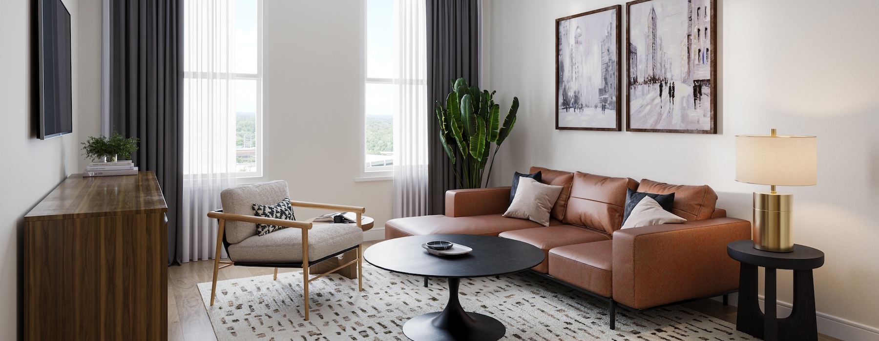 a living room with a couch and tables