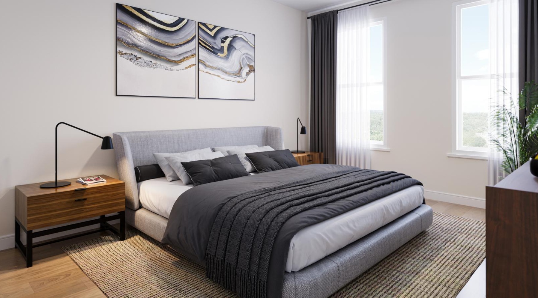 Bedroom with natural lighting and high ceilings
