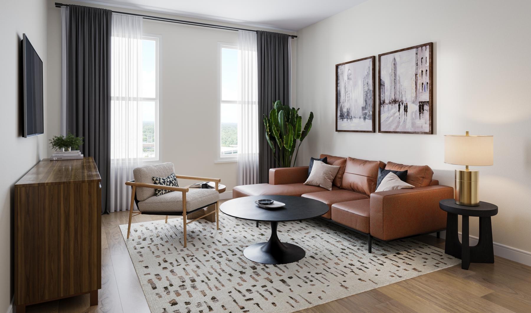 a living room with a couch and coffee table