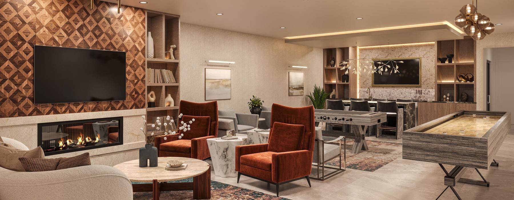 Beautiful clubroom with lounge seating and a fireplace