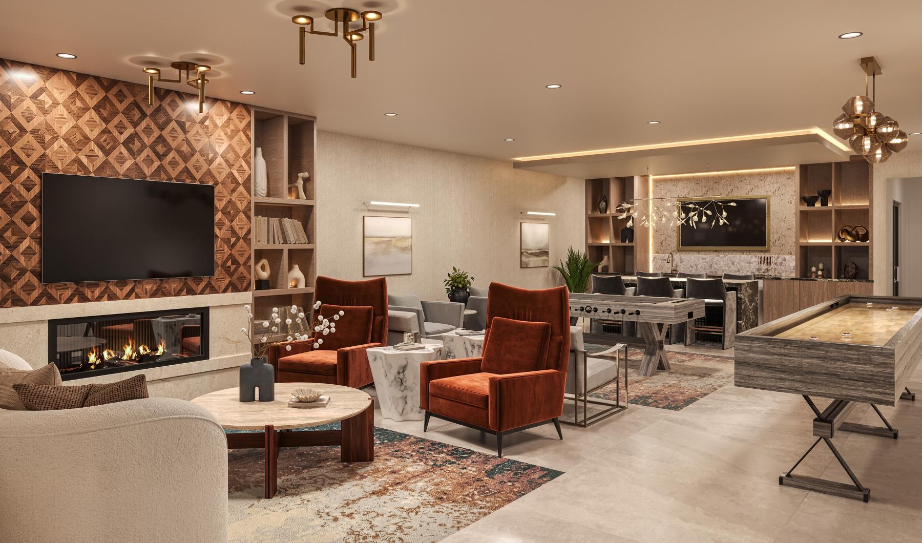 Beautiful clubroom with lounge seating and a fireplace