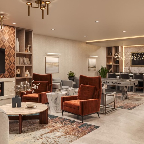 Beautiful clubroom with lounge seating and a fireplace