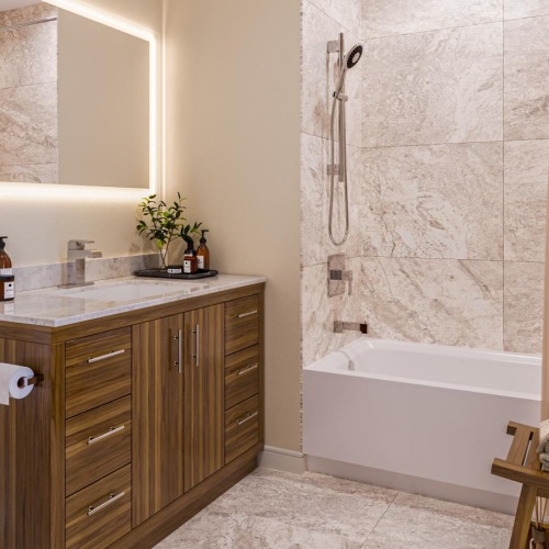 a spacious bathroom with a large mirror and ample light