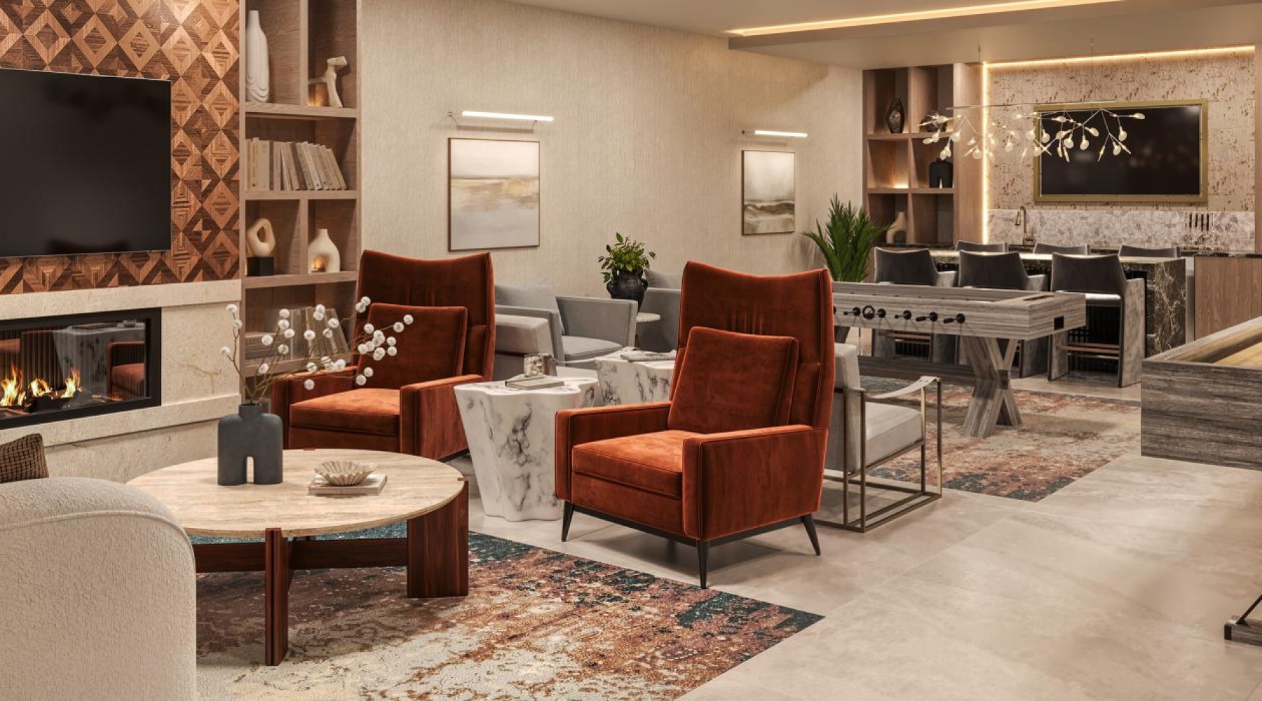 Beautiful clubroom with lounge seating and a fireplace