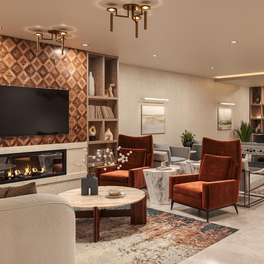a clubroom with a tv, tables and chairs