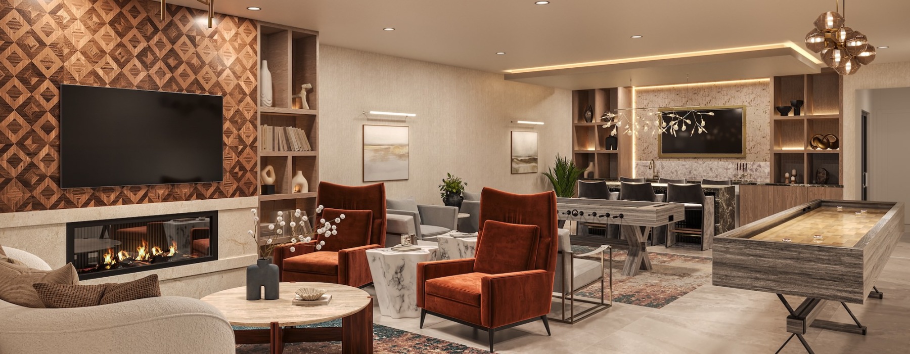 a spacious clubroom with a fireplace