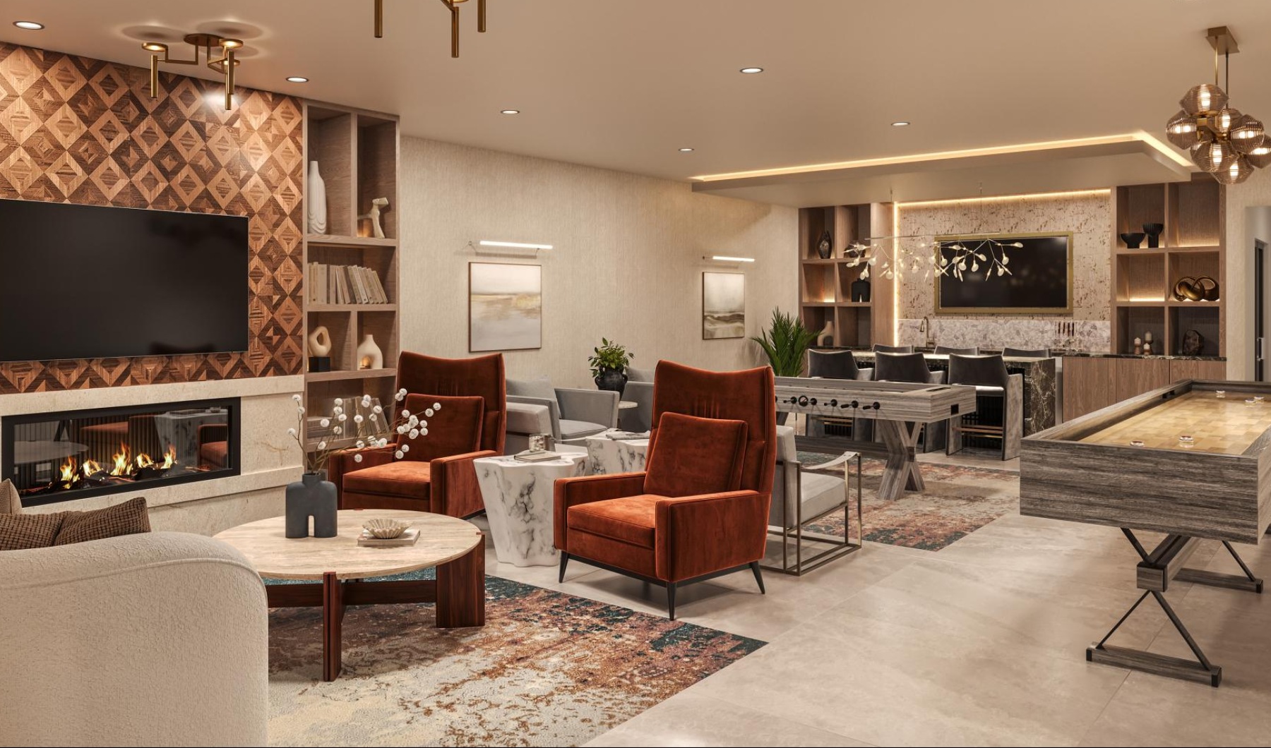 a clubroom with a tv, tables and chairs